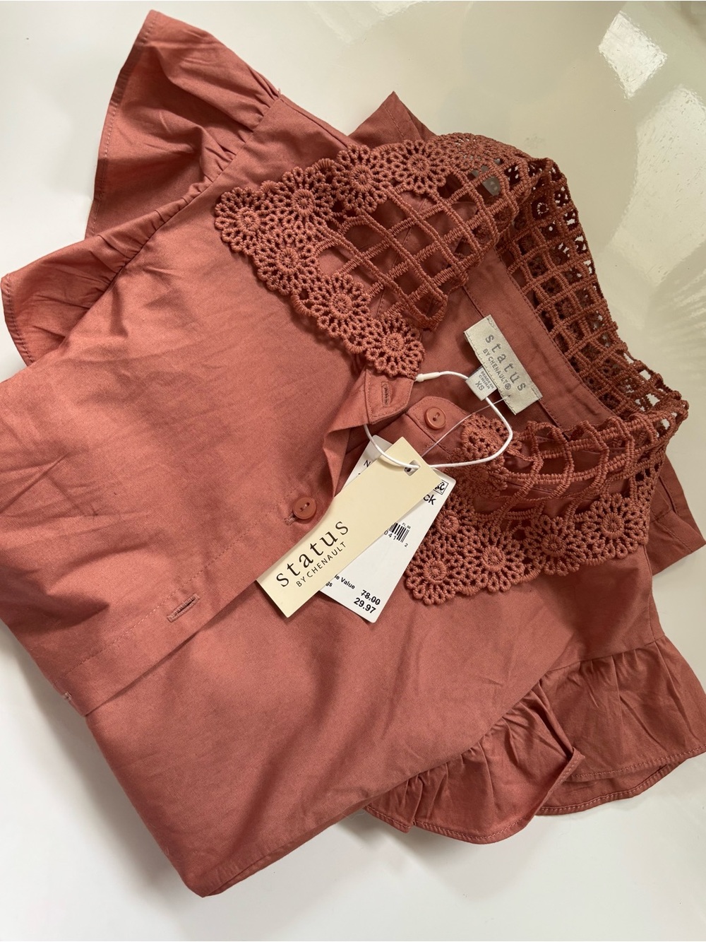 NWT Nordstrom Crochet Collar Ruffle Sleeve Top - Rust / Rosewood